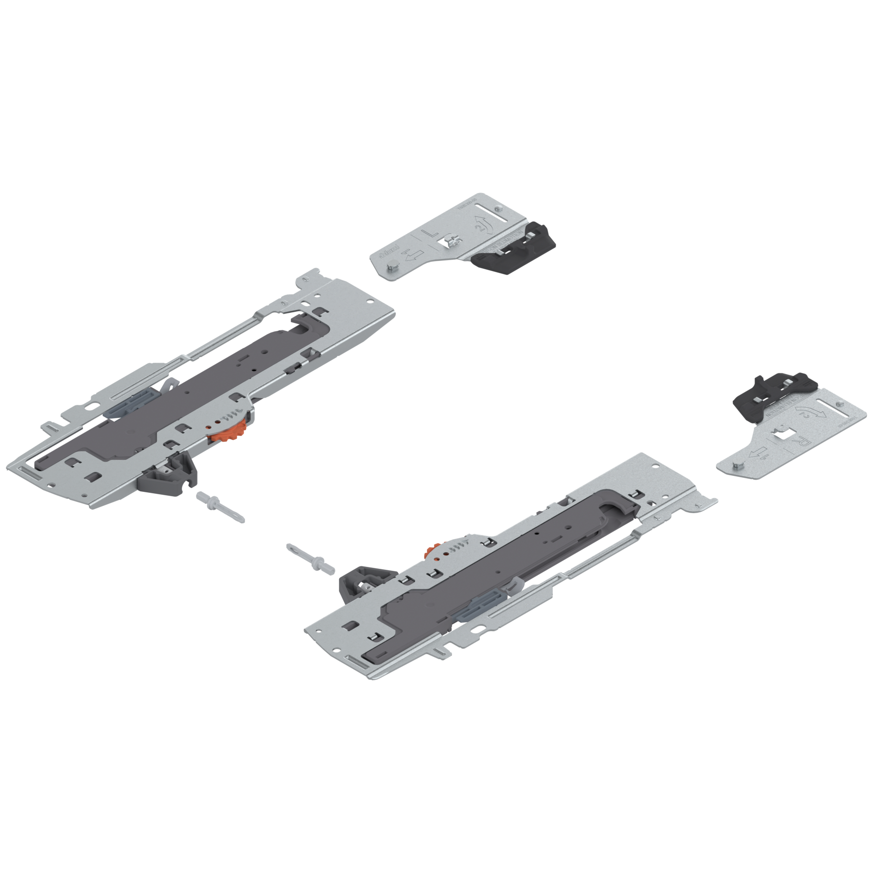  Zestaw (Jednostka TIP-ON BLUMOTION + Zabierak + Adapter), do TANDEMBOX, Typ L3, dł. NL=350-600 mm, Całkowita waga szuflady=15-40 kg, prawy+lewy, R7037 ciemnoszara