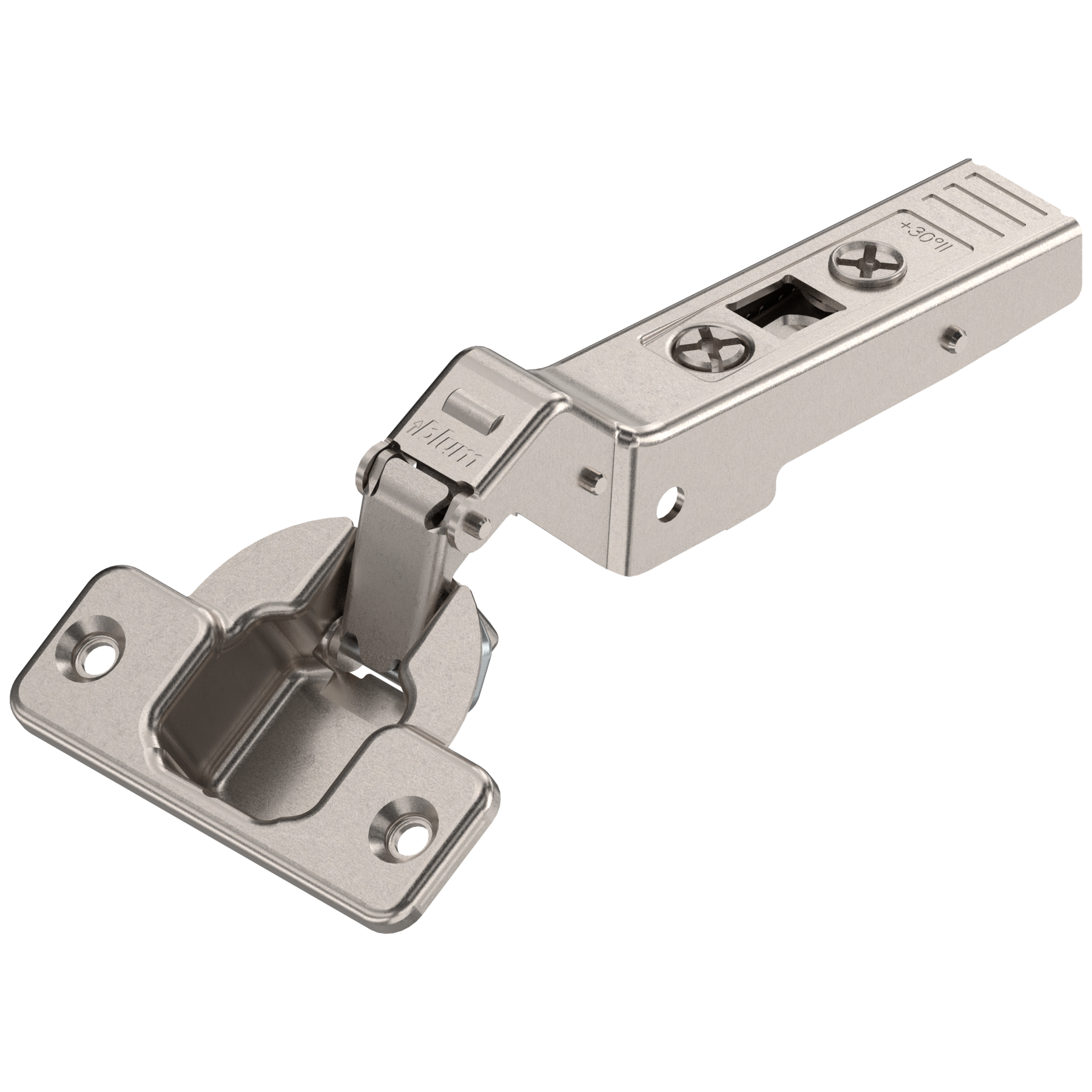 CLIP top zawias kątowy 30° II, Nakładany, bez sprężyny, puszka: na wkręty, niklowany