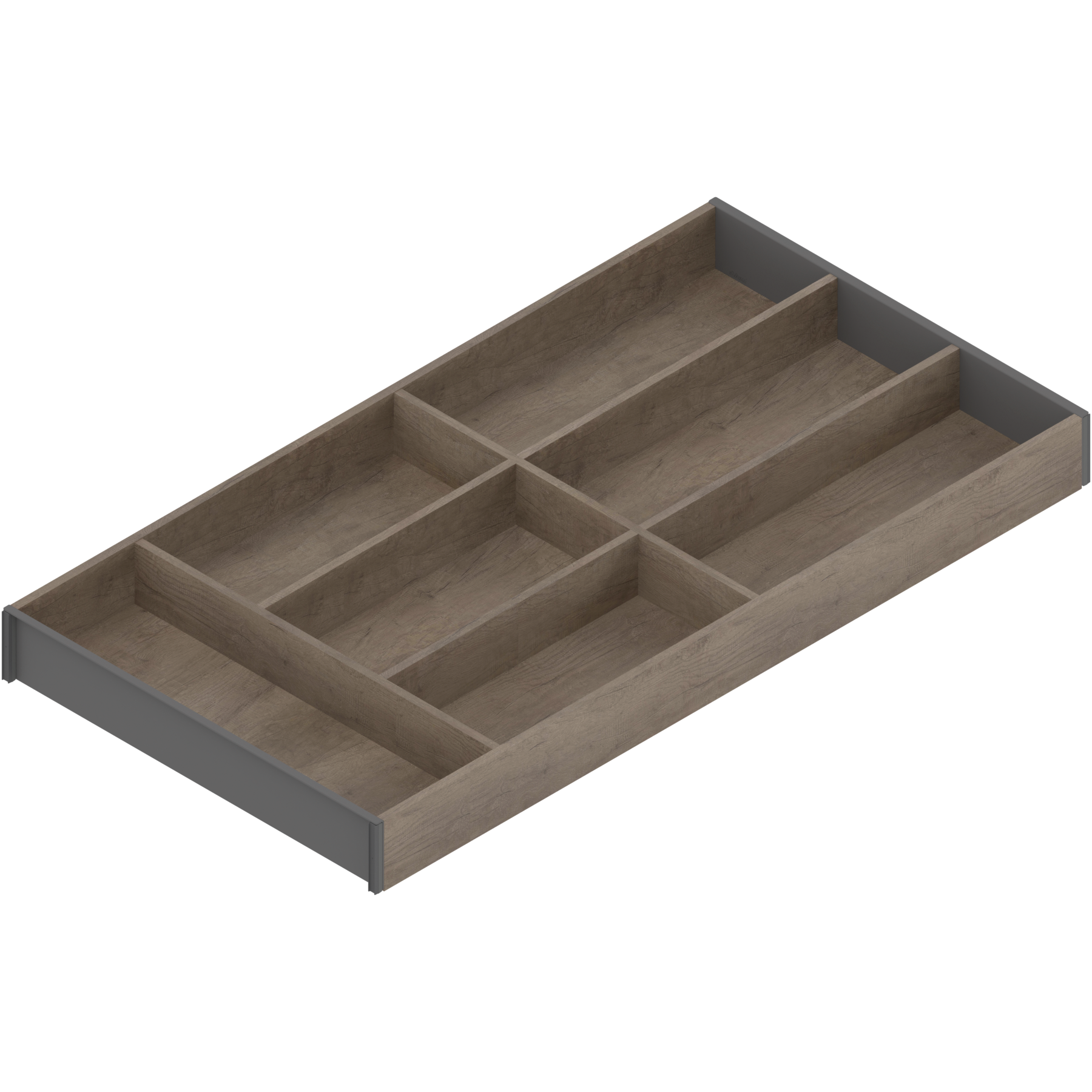 AMBIA-LINE  wkład na sztućce do szuflady standardowej, do LEGRABOX/MERIVOBOX, w opcji drewnopodobnej, 7 przegródka na sztućce, dł.=600 mm, szerokość=300 mm, Dąb Nebraska/szary
