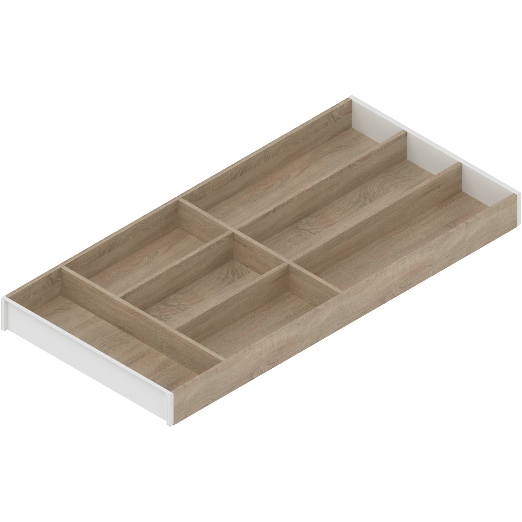 AMBIA-LINE  wkład na sztućce do szuflady standardowej, do LEGRABOX/MERIVOBOX, w opcji drewnopodobnej, 7 przegródka na sztućce, dł.=650 mm, szerokość=300 mm, Dąb Bard./jedwab.biały