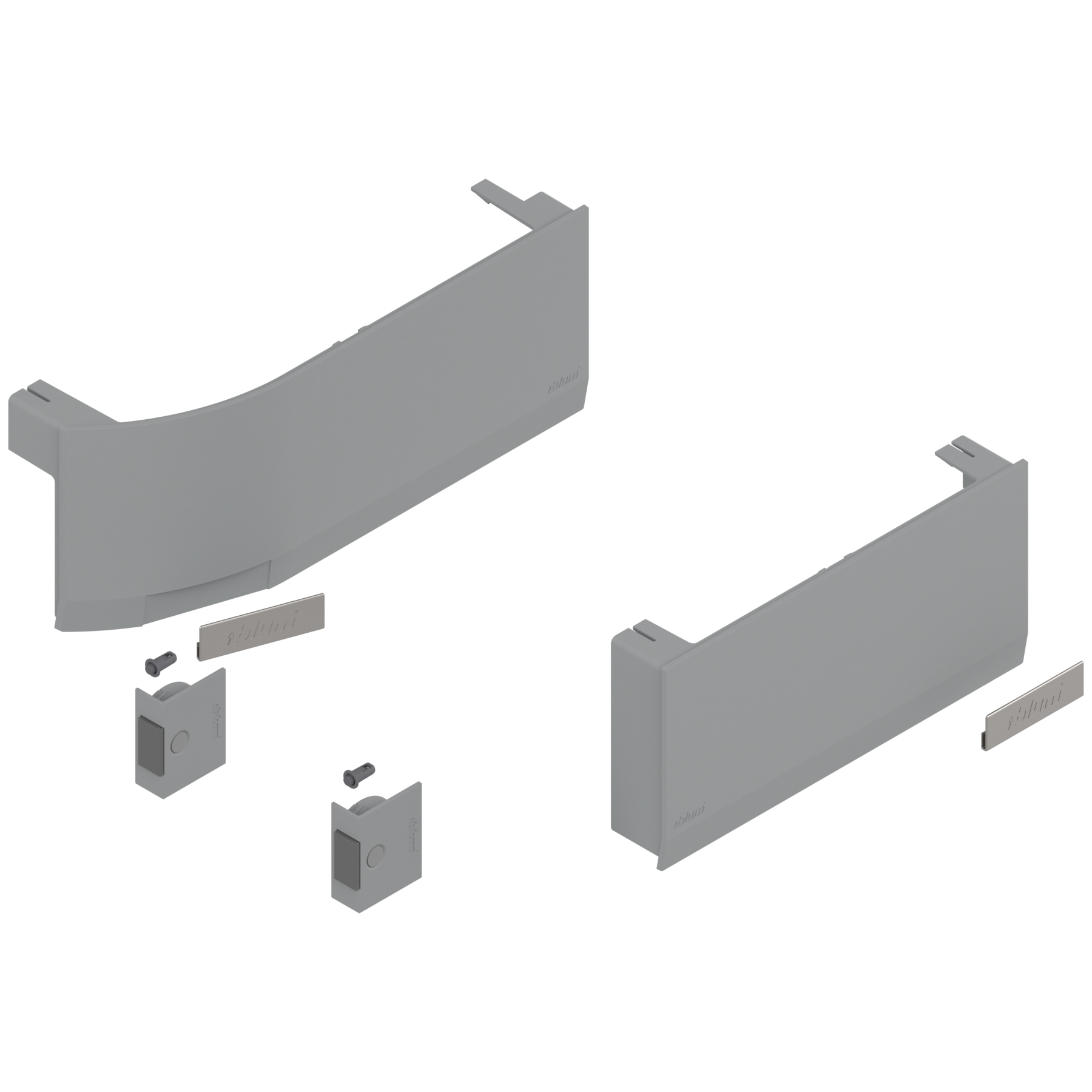 Front uchylny AVENTOS HK top, zestaw zaślepek (włącznie z Włącznik wpuszczany, w kpl.), lewa/prawa, do SERVO-DRIVE, jasnoszary/inox